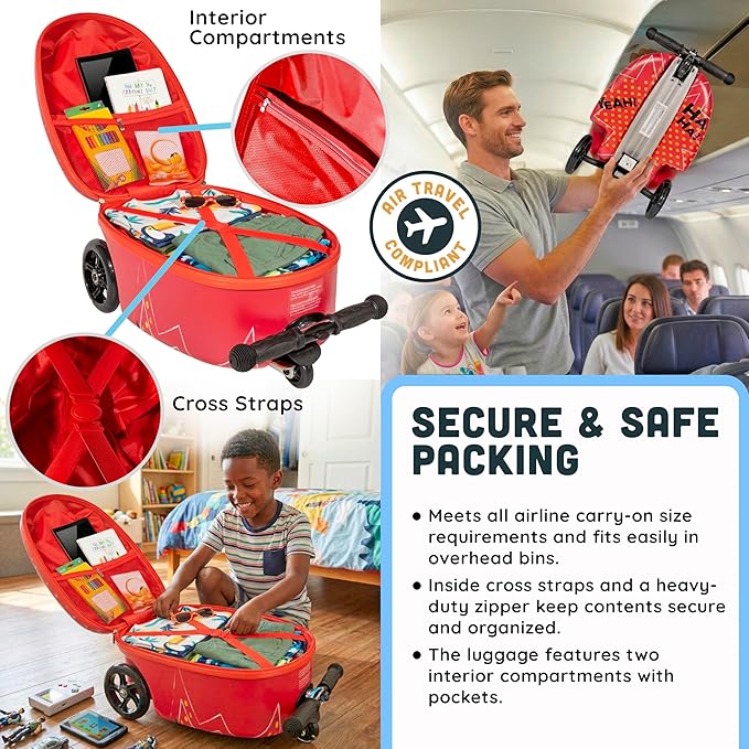 Sesame Street Elmo Ride-On Scooter Suitcase for Kids – Hardside Lightweight Carry-On Luggage with Foldable Scooter & LED Wheels