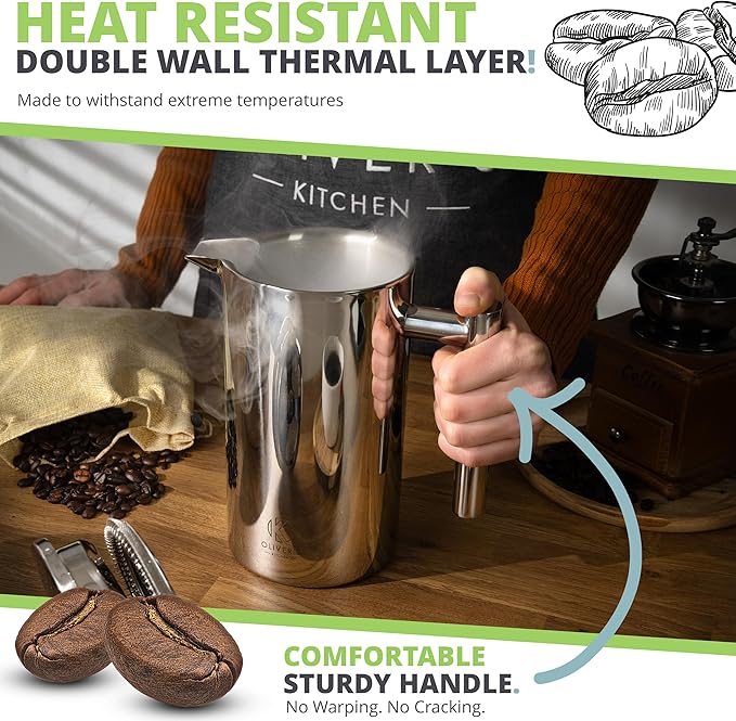Oliver's Kitchen ® Premium French Press Cafetiere Coffee Maker - Thermal Insulated Double Wall - Stainless Steel 1 Liter