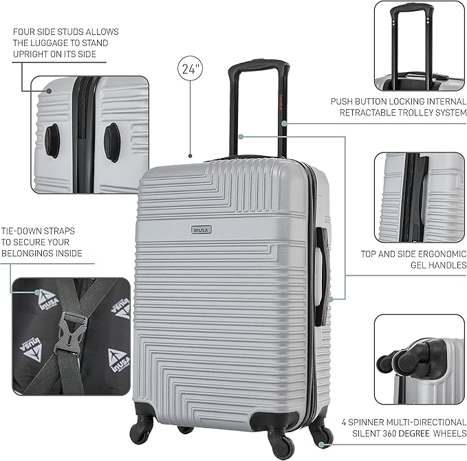 InUSA RESILIENCE Luggage with Spinner Wheels | Durable Lightweight Hardside Suitcase, Spacious Travel Bag with Handle and Trolley | 24-Inch Medium Checked Luggage | Silver