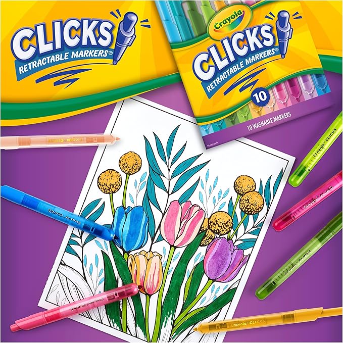 Crayola Clicks Retractable Markers Bold (10ct), Teacher Classroom School Supplies, Spring Crafts, No Dry Washable Markers for Kids