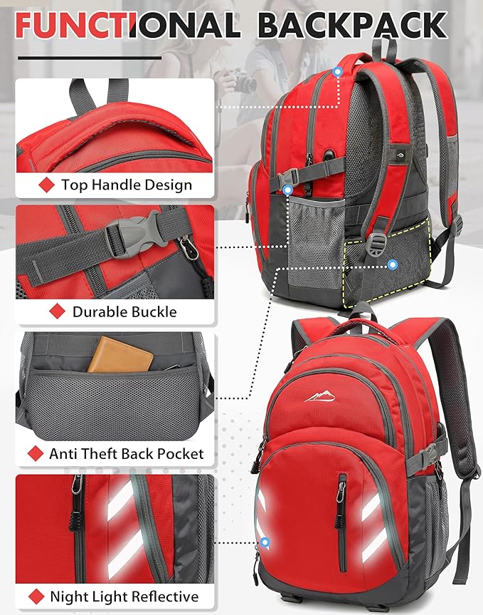 ProEtrade Backpack Bookbag for College Laptop Travel, Fit Laptop Up to 15.6 inch with USB Charging Port Multi Compartment Anti theft, Gift for Women Men (Red)