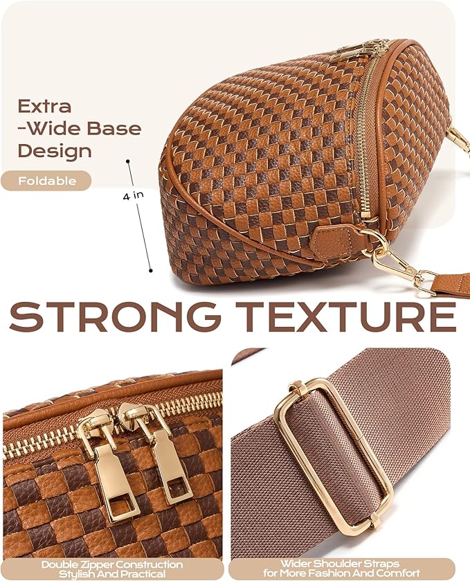 Trendy Woven Checkered Crossbody Bum Bag for Women，PU Leather Checkered Purse Fanny Packs Belt Bag (Woven Bum Bag - Brown Coffee)