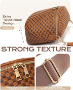 Trendy Woven Checkered Crossbody Bum Bag for Women，PU Leather Checkered Purse Fanny Packs Belt Bag (Woven Bum Bag - Brown Coffee)