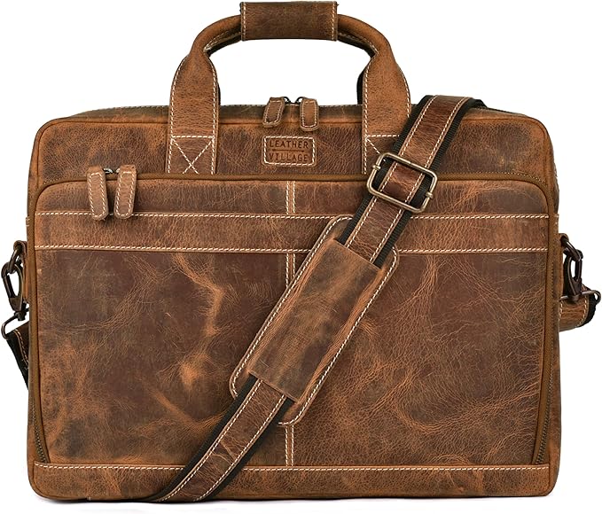 LEATHER VILLAGE 16" Leather Laptop Messenger Briefcase Bag for Men-Leather Satchel for Travel and Office Shoulder Bag- Sun Tan Brown