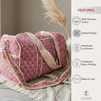 ATOSII Large Duffle Bag, Handblock Print 100% Quilted Cotton for Overnight Trip, Travel Weekender, Luggage, 2 Pockets with Zipper, 1 Front Pocket, Detachable Long Strap, 20 X 10 X 12 Inches, Berry