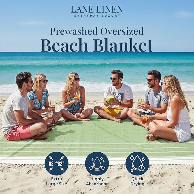 LANE LINEN Beach Blanket Sandproof – Lightweight Oversized Picnic Mat with Quick-Dry Comfort & Diamond Weave Design 82"x82", Beach Accessories Must-Haves, Park Outings, Coastal Getaways – JadeLime