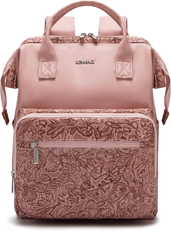 Kinmac Wide Open Style Laptop Backpack for Laptop Up to 15.6 Inch Men Women Travel Outdoor Backpack (Pink Flower PU)