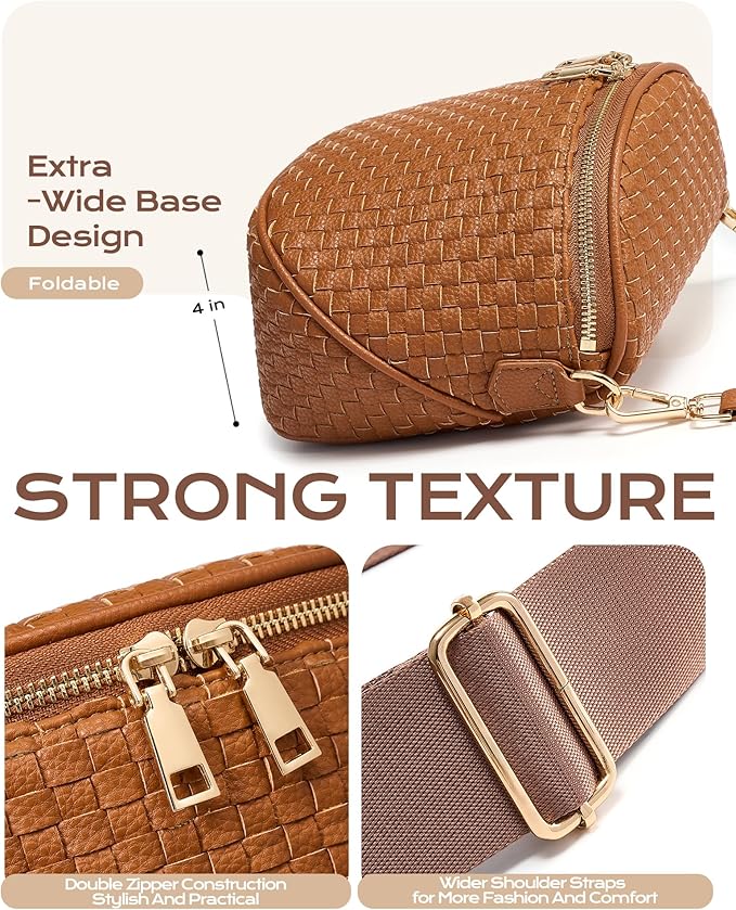 Trendy Woven Checkered Crossbody Bum Bag for Women，PU Leather Checkered Purse Fanny Packs Belt Bag (Woven Bum Bag - Pure Brown)