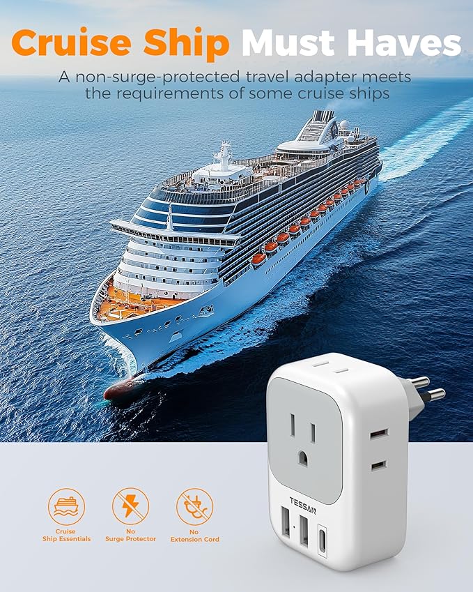 TESSAN Brazil Plug Adapter 2 Pack, 7 in 1 US to Brazil Power Adapter with 3 USB Ports (1 USB-C PD 20W Port) 4 American Outlets, Type N Travel Adaptor for USA to Brazilian