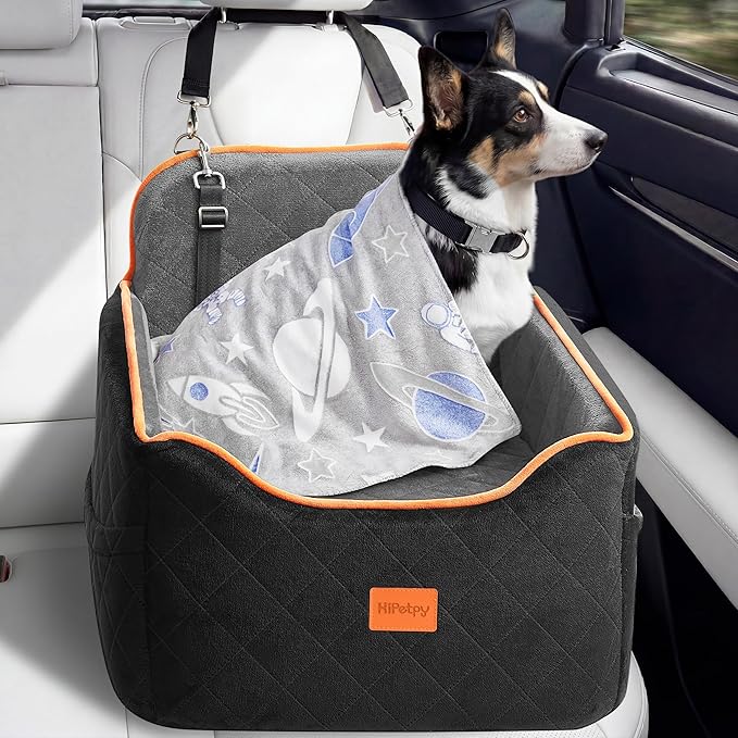 HiPetpy Dog Car Seat 6" Elevated Memory Foam Booster Seat for Small Medium Dogs Under 35 lbs with Pet Blanket, Washable Pet Car Seat with Safety Leash, Anti-Slip Base and Storage Pockets
