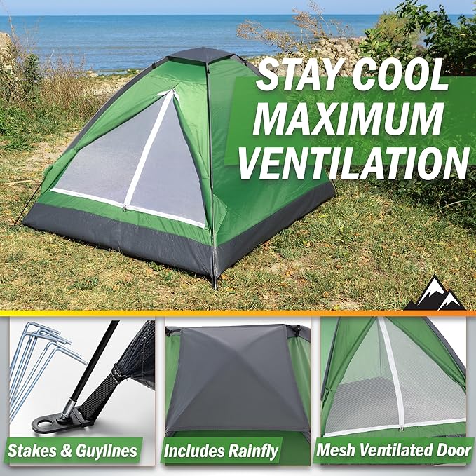 2 Person Camping Tent with Rain Fly and Carrying Bag – Lightweight Outdoor Pop Up Tents for Camping Essentials, Music Festivals, Backpacking, Hiking, or Beach Shelter by Wakeman Outdoors