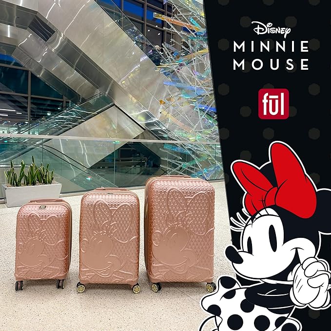 FUL Disney Minnie Mouse 25 Inch Rolling Luggage, Textured Hardshell Suitcase with Wheels, Rose Gold