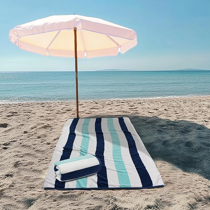 COTTON CRAFT Oversized Beach Towels - 2 Pack XXL 35x84 - The Big Kahuna 7 Foot Extra Large Beach Blanket Towel - Big & Tall - Huge 100% Cotton Velour Plush Soft Luxury Towel - Cabana Stripe Blue