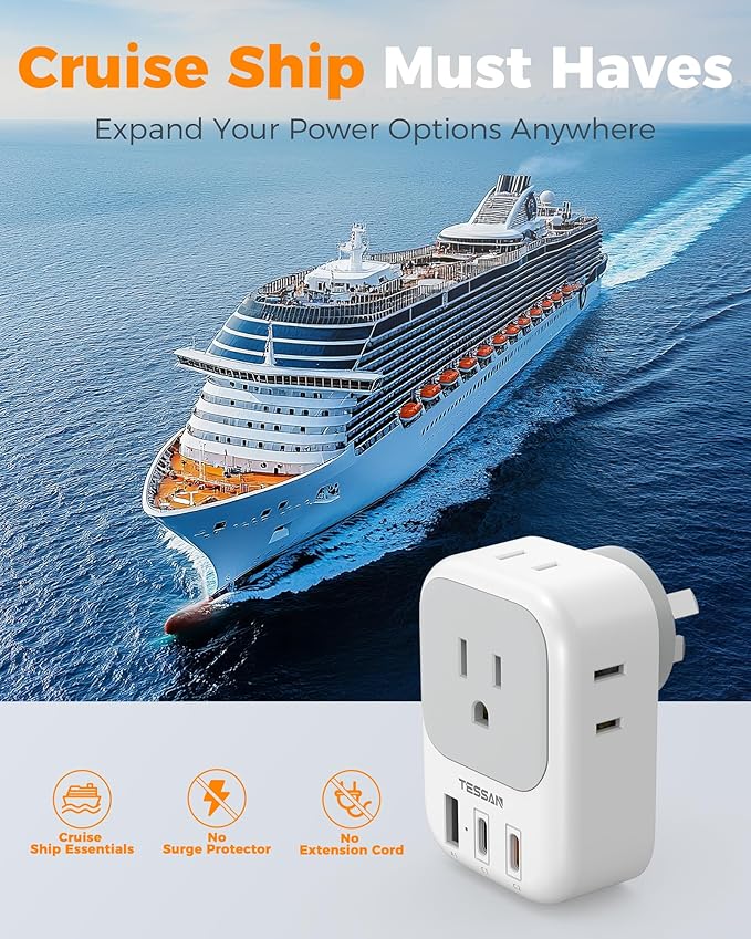 Australia Plug Adapter 2 Pack, TESSAN New Zealand Power Adapter with 4 Outlets 3 USB (2 USB-C), Type I Travel Adaptor for US to Australian Argentina China Fiji Samoa Tonga Kiribati