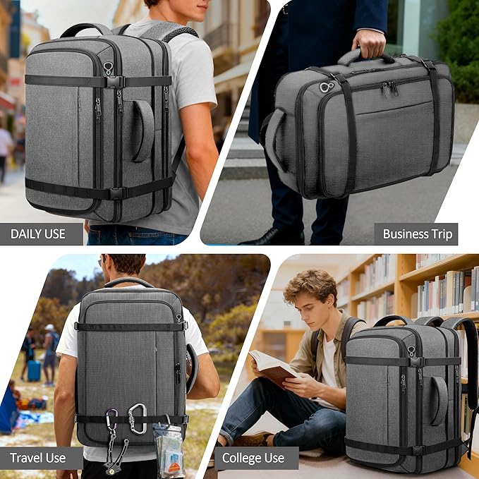 Comfort Travel Backpack,Expandable Carry on Backpack 1-5 Days with LifetimeWarranty,Fits 17.3" Laptop Notebook,Water Resistant Weekender Backpack Flight Approved for Men Hiking,College Travel,Grey