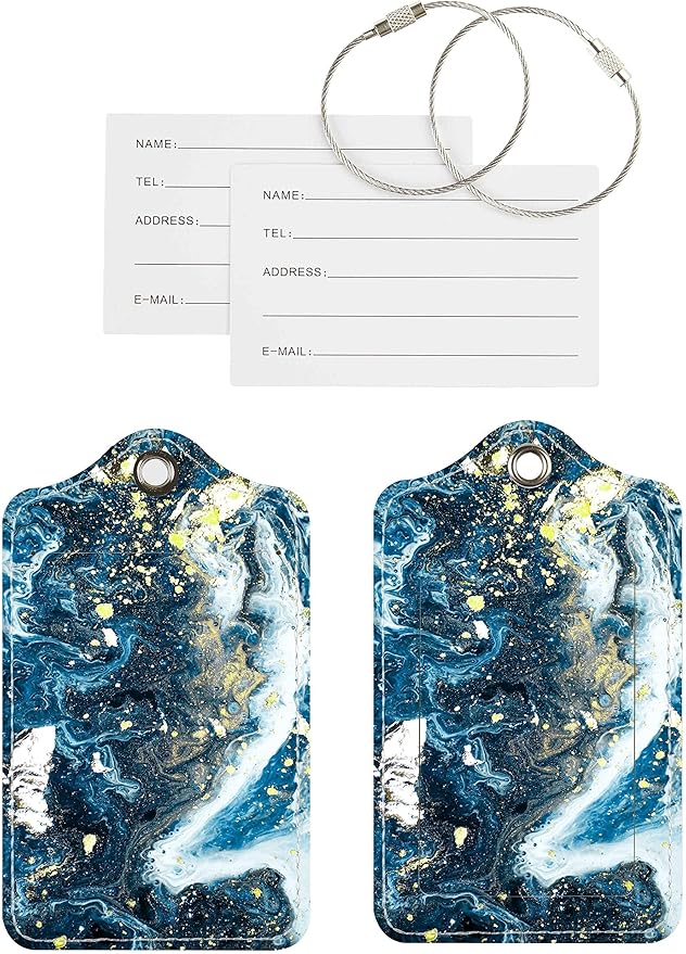 Luggage Tags for Suitcases, 2 Pack Cute PU Leather Suitcase Tag Identifiers TSA Approved with Stainless Steel Loop and Address Card for Baggage Tag for Travel Essentials Gold Foiled Marble, by Chelmon