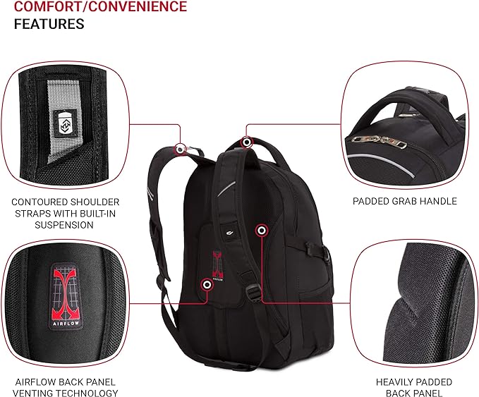 SwissGear 3258 Laptop Backpack, Fits Most 17 Inch Laptops, Secure Computer Sleeve for Travel, Work, School, Men's and Women's - Black