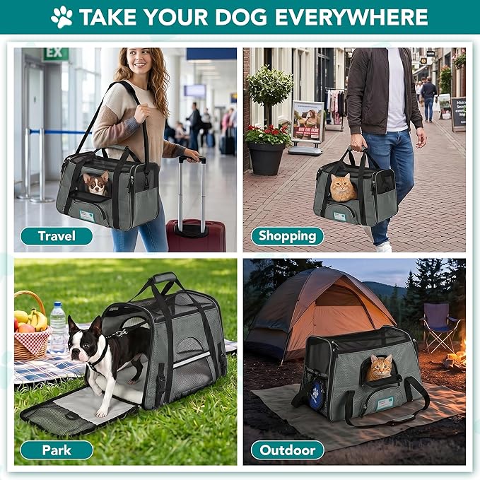 PetAmi Airline Approved Pet Carrier for Cats & Small Dogs, Soft Sided TSA Travel Carrier Bag Sherpa Bed, Breathable Mesh Ventilation, Collapsible Bowl, Fits Under Seat, Up to 18 lbs, Small Dark Gray