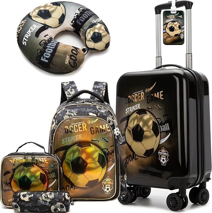 Kid’s Luggage Set 5 Piece Suitcase Set 16’’ Hardside Football Luggage with Spinner Wheels Boys Carry on Toddler Travel Rolling Suitcase Carry on Luggage Airline Approved