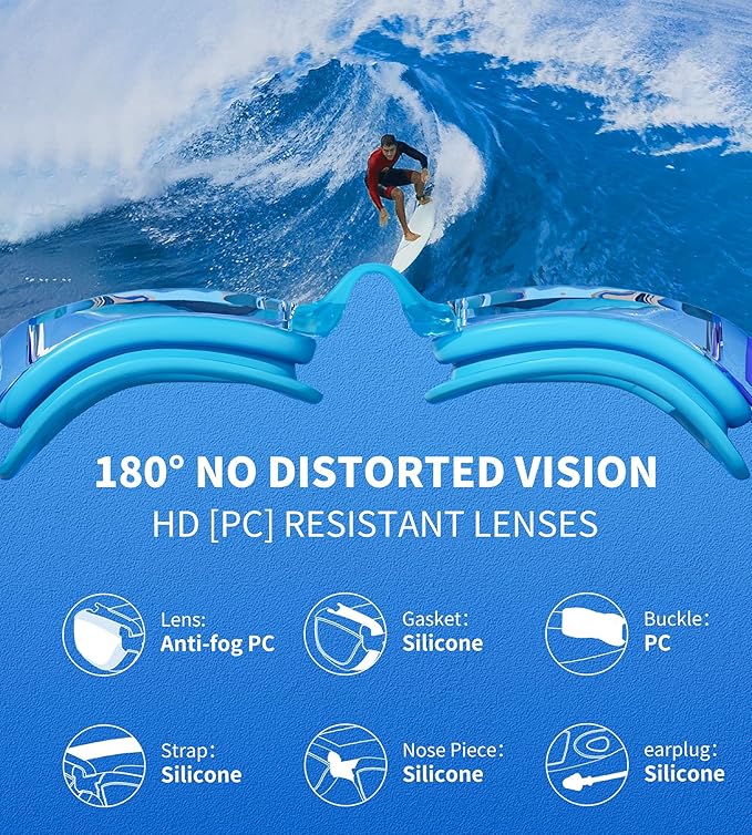 7 in 1 Swim Goggles + Swim Cap for Men Women,No Leak Anti-Fog & UV, Wide Visio HD Mirror PC Lens