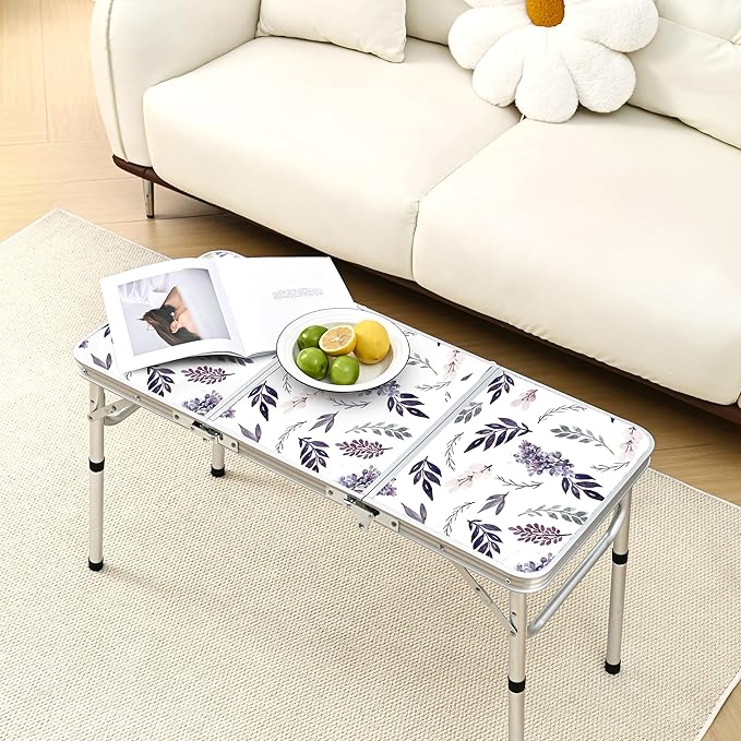 Yriuat Folding Camping Table 3ft Portable Pinic Table Adjustable Height Small Card Table Aluminum Foldable Lightweight with Carry Handle for Outdoor Indoor Hiking Camp BBQ Beach (Misty Lilac)