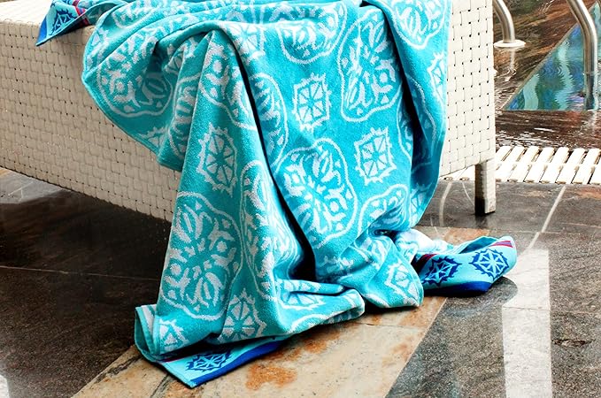 COTTON CRAFT Oversized XL Beach Towel 39 x 68-2 Pack - 100% Cotton Velour - Big & Huge - Pool Picnic Bath Towels - Jacquard Terry Thick Plush Super Soft Luxury - 450 GSM - Summer Trellis Pool Blue