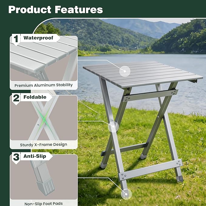 SUNNYFEEL Folding Camping Table - Lightweight Aluminum Portable Picnic Table, 18.5x18.5x24.5 Inch for Cooking, Beach, Hiking, Travel, Fishing, BBQ, Indoor Outdoor Small Foldable Camp Tables