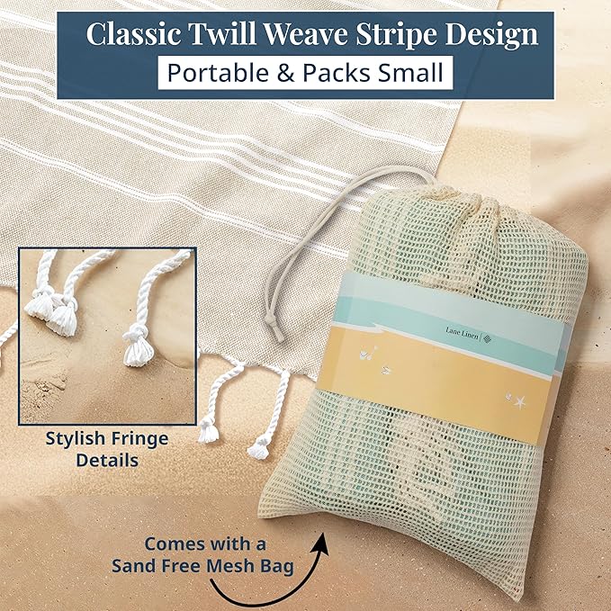 LANE LINEN Picnic Blankets - Turkish Beach Blanket Sandproof with Lightweight Quick Dry Design, 82"x82", Beach Summer Vacation Essentials for Relaxing, Park Outings or Yoga Mat – Beige