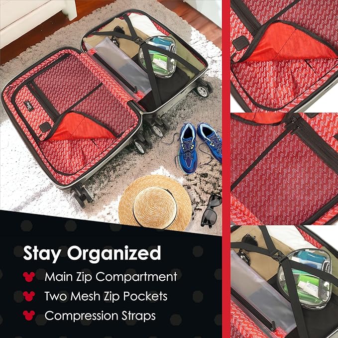 FUL Disney Mickey Mouse 3 Piece Rolling Luggage Set, Hardshell Suitcases with Spinner Wheels, 22/26/30 Inch, Silver