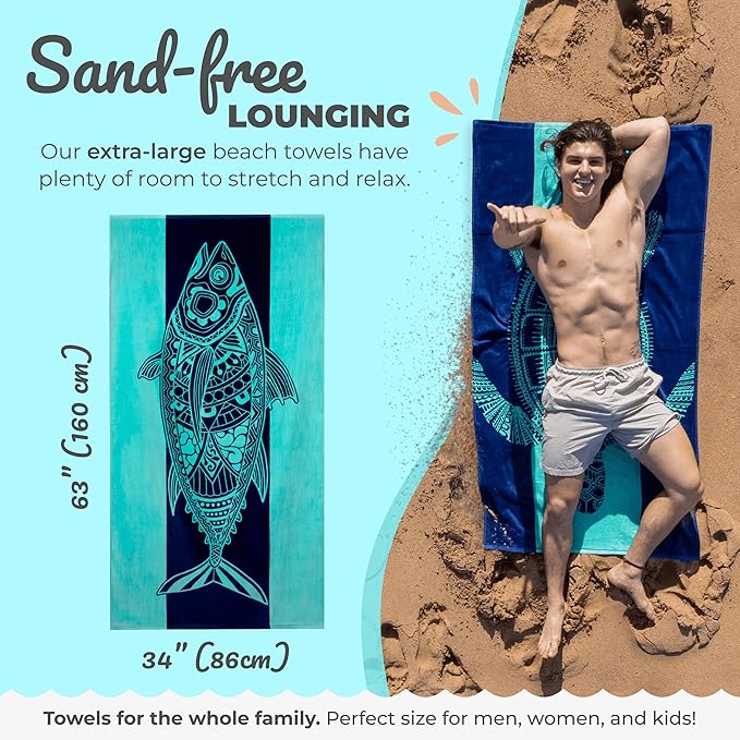 Nova Blue Tuna Fish Beach Towel (34 X 63) – Blue Striped Cotton Beach Towels Made from 100% Cotton – Quick Drying Pool Towel with Tropical Design – Beach Towel Large Oversized