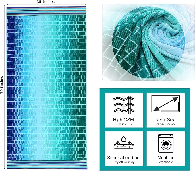 COTTON CRAFT Oversized Beach Towel - 2 Pack 35 x 70 Big & Huge Towel Set - 100% Cotton - Pool Picnic Bath Towel - Plush Terry Jacquard Velour 450 GSM Thick Super Soft Absorbent Luxury - Blue Tiles