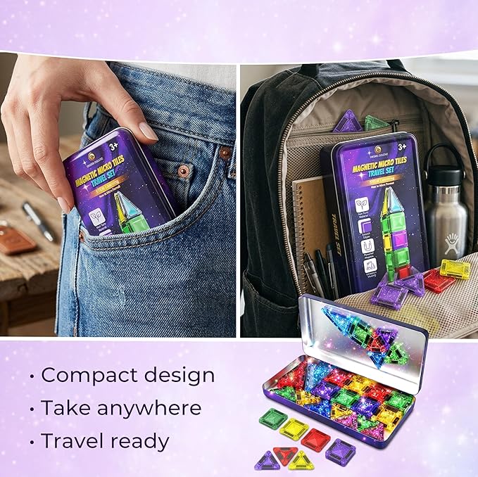 Desire Deluxe Micro Magnetic Tiles Building Blocks Toy - STEM Educational Travel Size Magnetic Blocks for Kids, Learning Sensory Montessori Toddler Magnetic Toys for Boys&Girls 3+ YO (28PCS, Glitter)