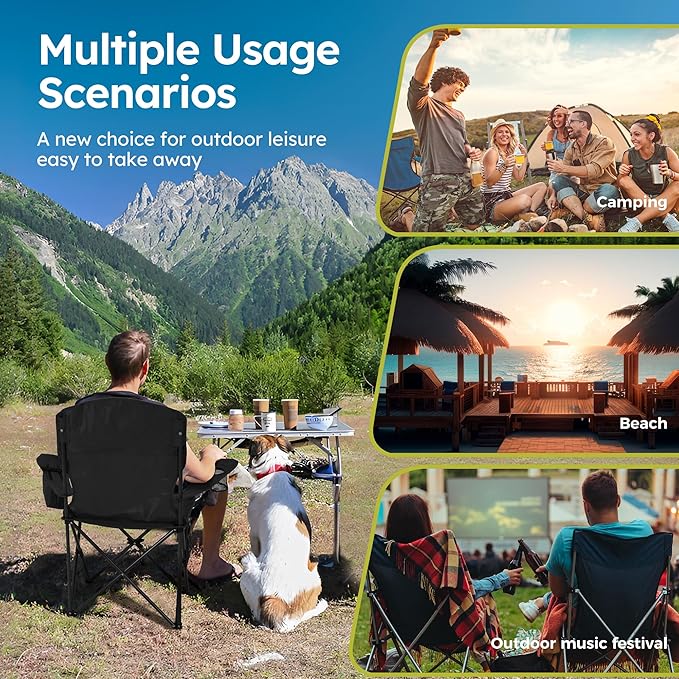 ALPHA CAMP Camping Chairs 250LBS Capacity, Heavy Duty Folding Chair with 4-Can Cooler Bag, Portable Outdoor Chair with Cup Holder for Adults, Collapsible for Tailgating, Beach, Fishing,Black,2PC