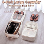 Large Shoe Bags for Travel Holds 4 Pair of Shoes, Shoe Storage Pouch with 3 Layers Compartments, Waterproof & Washable (Cream)