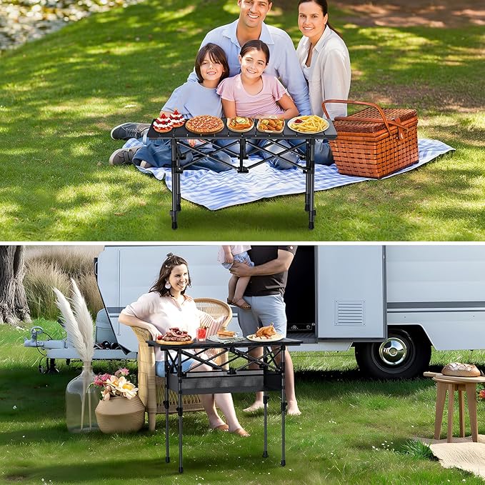 GARLLEN Folding Camping Table, 2-Height Adjustable Portable Roll-up Camping Table with Storage Net, Lightweight Aluminum Picnic Table with Carrying Bag for Cooking, BBQ, Outdoor, 32.2" L x 15.7" W