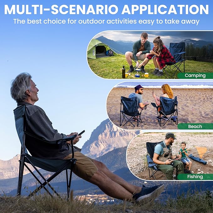 2-Pack Foldable Camping Chairs with Cup Holder, 300LB Lawn Portable Folding Chairs for Adults, Lightweight Outdoor Beach Chairs with Carry Bag for Camp, Fishing, Sports (Navy)