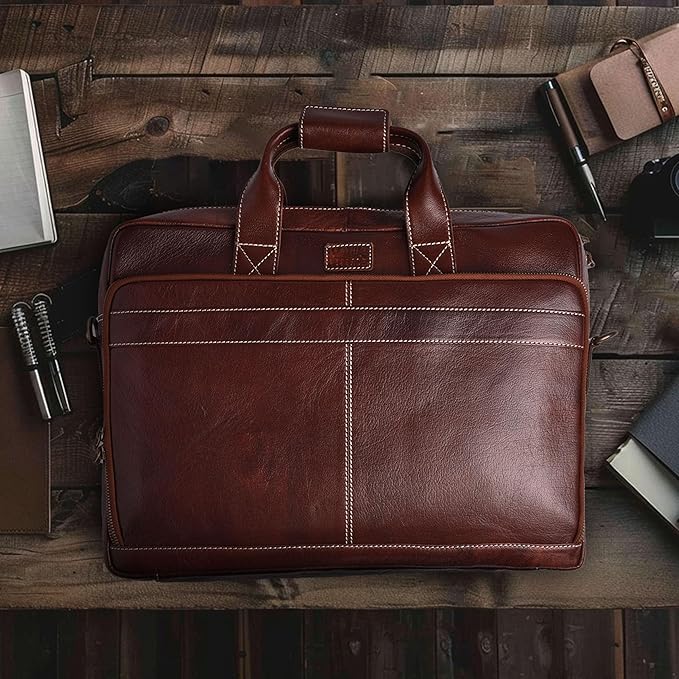LEATHER VILLAGE 18" Leather Laptop Messenger Briefcase Bag for Men-Leather Satchel for Travel and Office Shoulder Bag-Red Brown