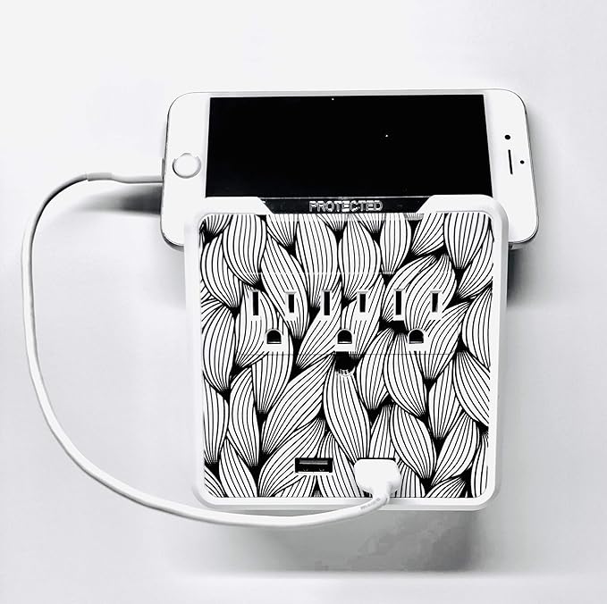 Glamsockets Decorative Wall Mount Surge Protector with 3 Outlets, Dual USB Charging Ports and Phone Holder - USB Charging Center/Multi Function Wall Tap (Abstract Vines)