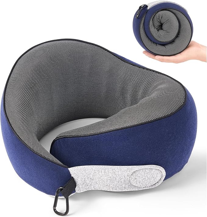 KPNEOL Travel Pillow, 100% Pure Memory Foam Travel Neck Pillow Airplane Neck Support Ergonomic Design for Traveling Suitable for Airplanes,Offices and Cars-Navy Blue