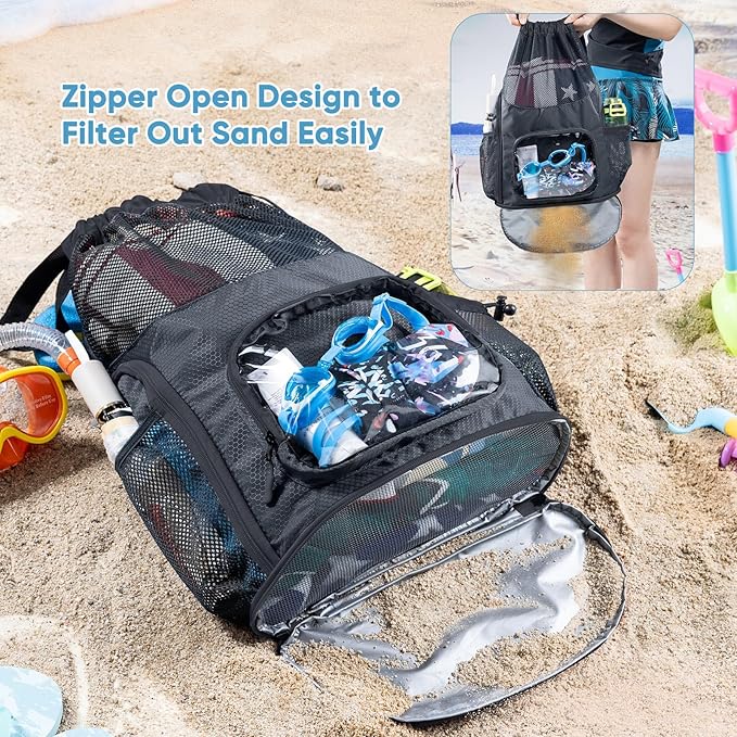 Mesh Drawstring Backpack with Shoe Compartment, Sandproof Beach Swim Bag with Wet Pocket, Pool Gym Shower Bag for Travel Summer Camp