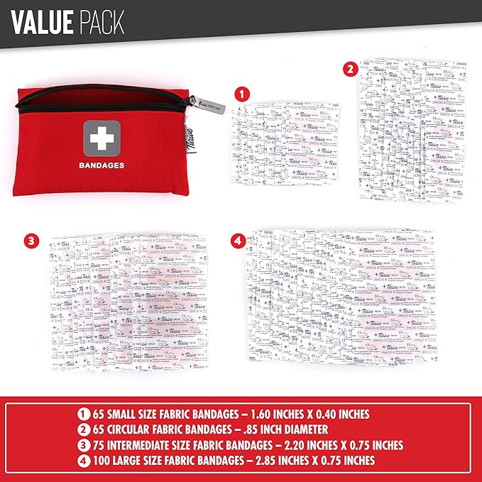 Thrive Fabric Adhesive Bandages Variety Pack - Zipper Pouch for Travel First Aid Kit - Waterproof & Latex-Free for Camping First Aid Kit - Multi-Size Strips for Medkit - Pack of 305, Red