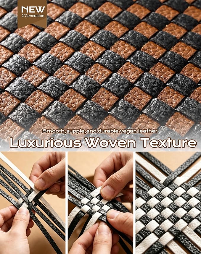 Trendy Woven Checkered Crossbody Bum Bag for Women，PU Leather Checkered Purse Fanny Packs Belt Bag (Woven Bum Bag - Black-Brown)
