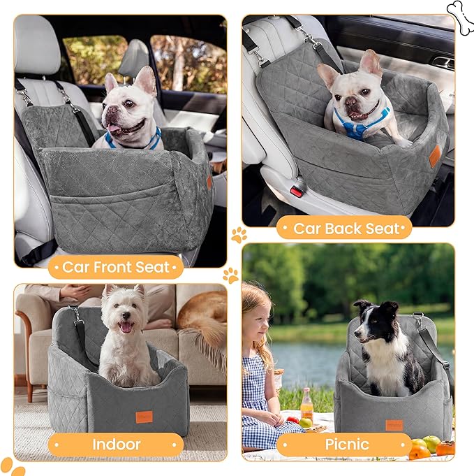 HiPetpy Dog Car Seat 6" Elevated Memory Foam Booster Seat for Small Medium Dogs Under 35 lbs with Pet Blanket, Washable Pet Car Seat with Safety Leash, Anti-Slip Base and Storage Pockets