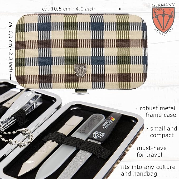 3 Swords Germany - Brand Quality 6 piece Manicure Pedicure Grooming kit Set - Scissors, Metal and Glass Nail File, Clipper, Tweezers with Synthetic Leather case - Chequered