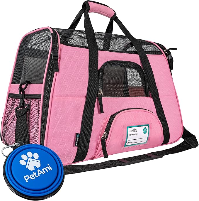 PetAmi Airline Approved Pet Carrier for Cats & Small Dogs, Soft Sided TSA Travel Carrier Bag with Sherpa Bed, Breathable Mesh Ventilation, Collapsible Bowl, Fits Under Seat, Up to 18 lbs, Large Pink