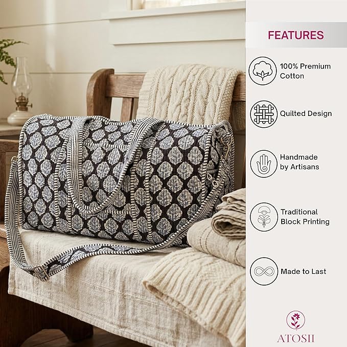 ATOSII Handblock Print 100% Cotton Large Quilted Duffle Bag for Overnight Trip, Travel Weekend Bag, Luggage, 2 Pockets with Zipper, 1 Front Pocket, Detachable Long Strap, 20 X 10 X 12 Inches, Gracie