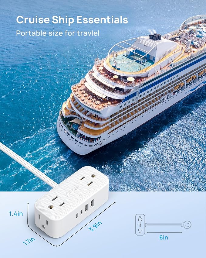 TROND Outlet Extender with 6 Inch Cord, Flat Plug Adapter with 4 Electrical Sockets and 4 USB Ports, Wall Mountable, Multi Plug Wall Outlet for Home Office Travel Dorm, Cruise Ship Essentials, White