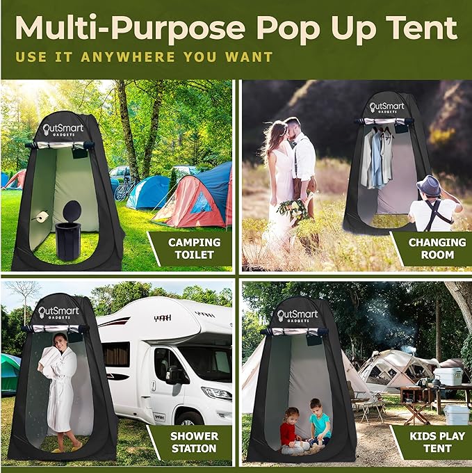 Outsmart Gadgets Outdoor Portable Toilet Set for Adults with Camping Night Lantern, Folding XL Toilet, Pop Up Privacy Tent and Carry Bags, Multipurpose Potty, Washable and Foldable for RV Travel