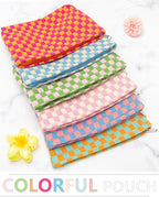 Knitted Checkered Makeup Bag Large Zipper Make Up Accessory Pouch for Purse Cosmetic Brush Bag for Travel Essential Pink Beige