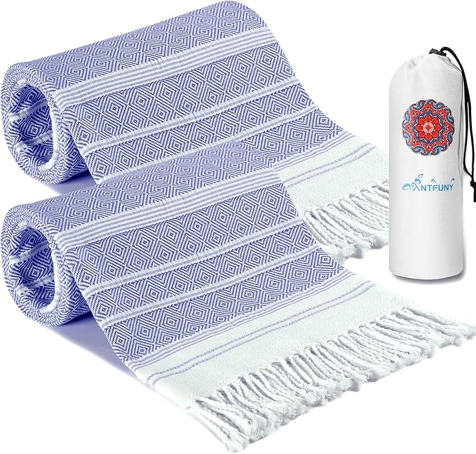 Antfuny 2 Pack Turkish Beach Towels Vacation Essentials Quick Dry Sand Free Soft Extra Large XL Blanket Adult Bath Pool Swim Towel Lightweight Thin Sandless Fast Drying No Sand Packable Foldable Blue